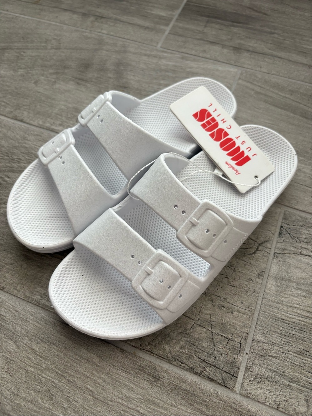 Women’s Moses White Double-Strap Buckle Slide Sandals